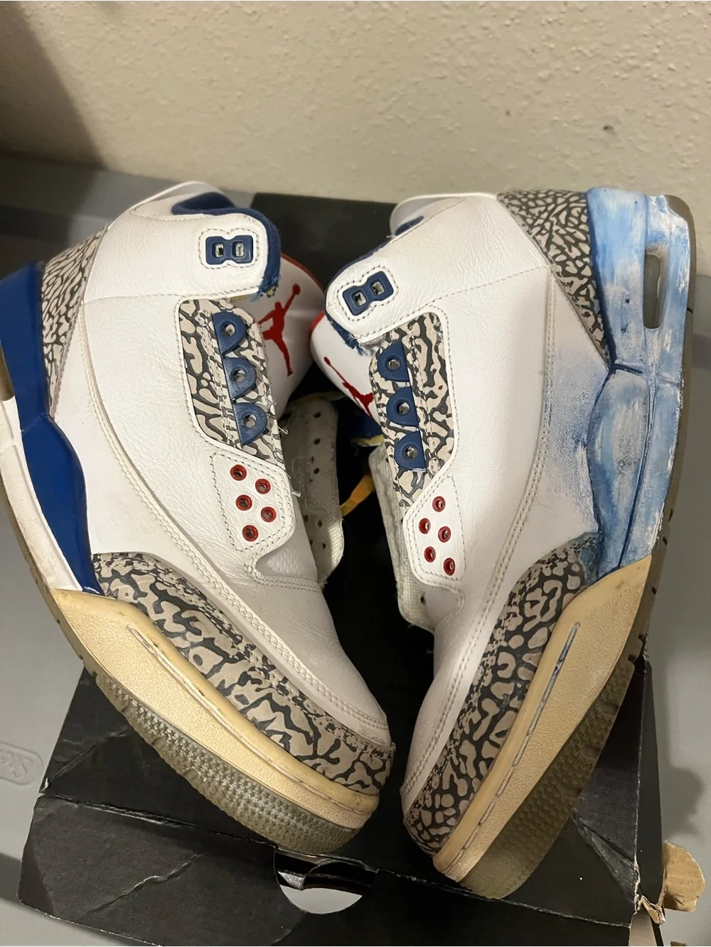 Nike White/Blue/Red Air Jordan 3 Men’s Sneakers with Elephant Print Accents